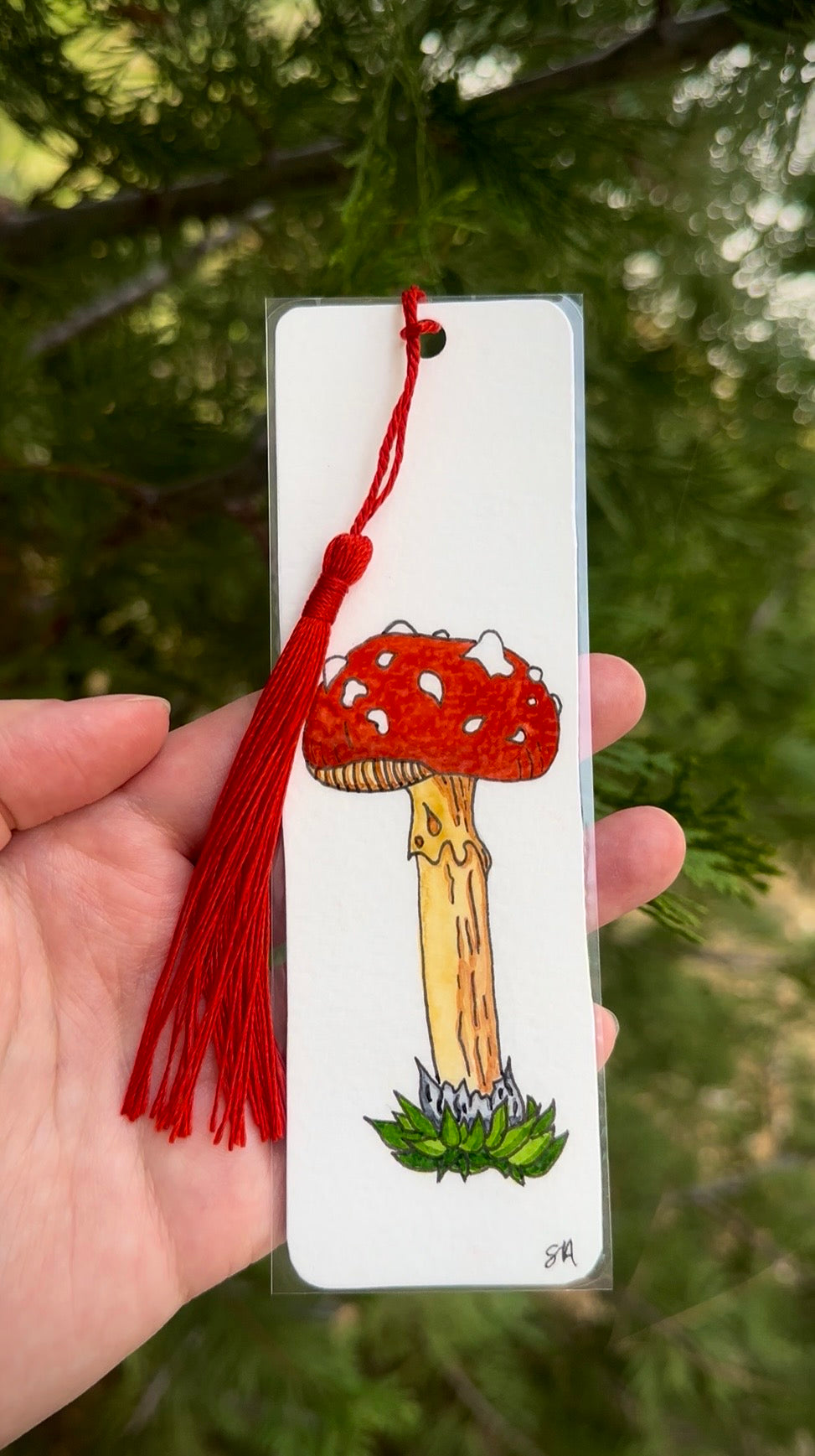 Hand-Painted Watercolor Mushroom & Red Flower Bookmarks – Custom Nature-Inspired Set