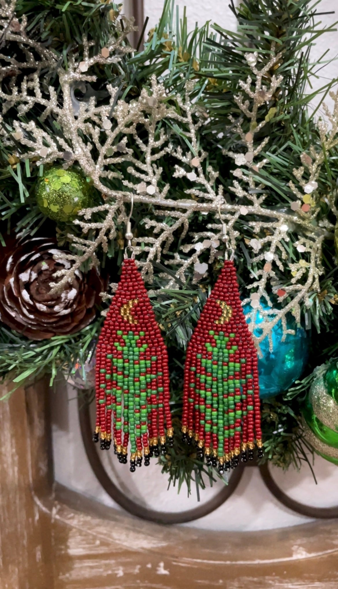 Christmas Tree Moon Beaded Earrings