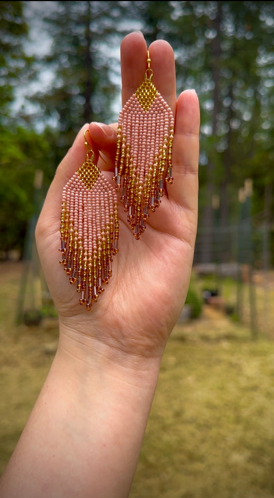 Blush & Gold Fringe Seed Bead Earrings with Antique Purple Glass Accents