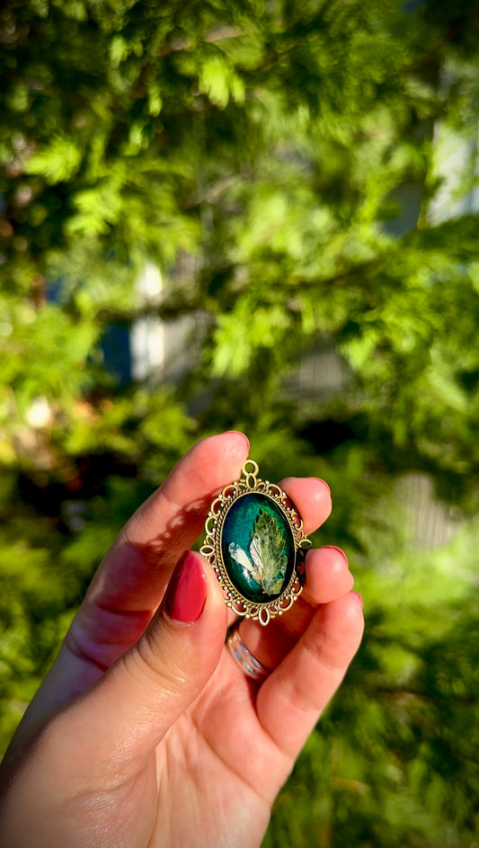 Ethereal Royal Green Fern Resin Pendant Necklace