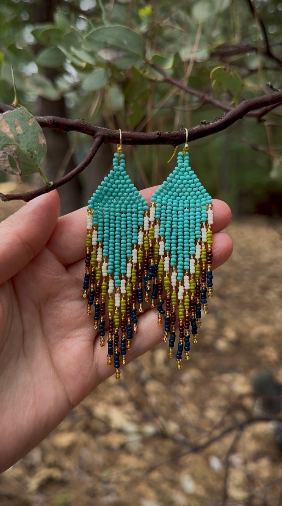 Teal Fringe Beaded Earrings – Brick Stitch Statement Earrings with Gold Hooks
