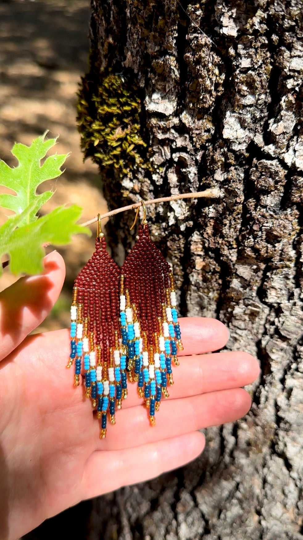 Burgundy Fringe Brick Stitch Earrings – Blue, White & Gold Statement Beaded Earrings