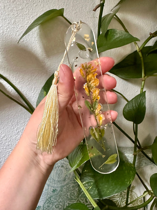 Yellow Bloom with Green Frond Leaves Pressed Flower Bookmark