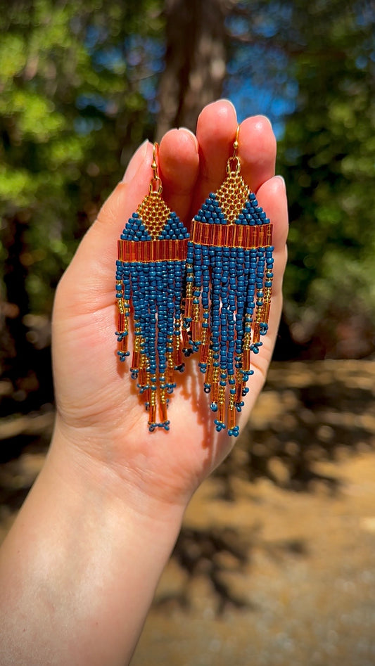 Midnight Ember Fringe Earrings | Antique Orange Glass Beads & Navy Seed Beads
