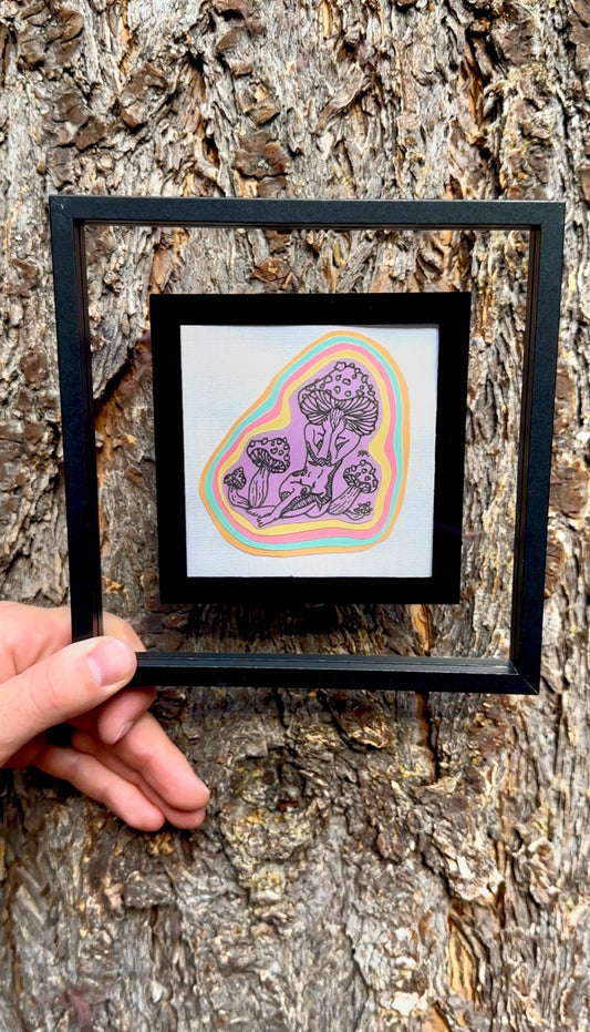 Lady of the Fungi: mushroom woman pen on paper 4x4 original artwork