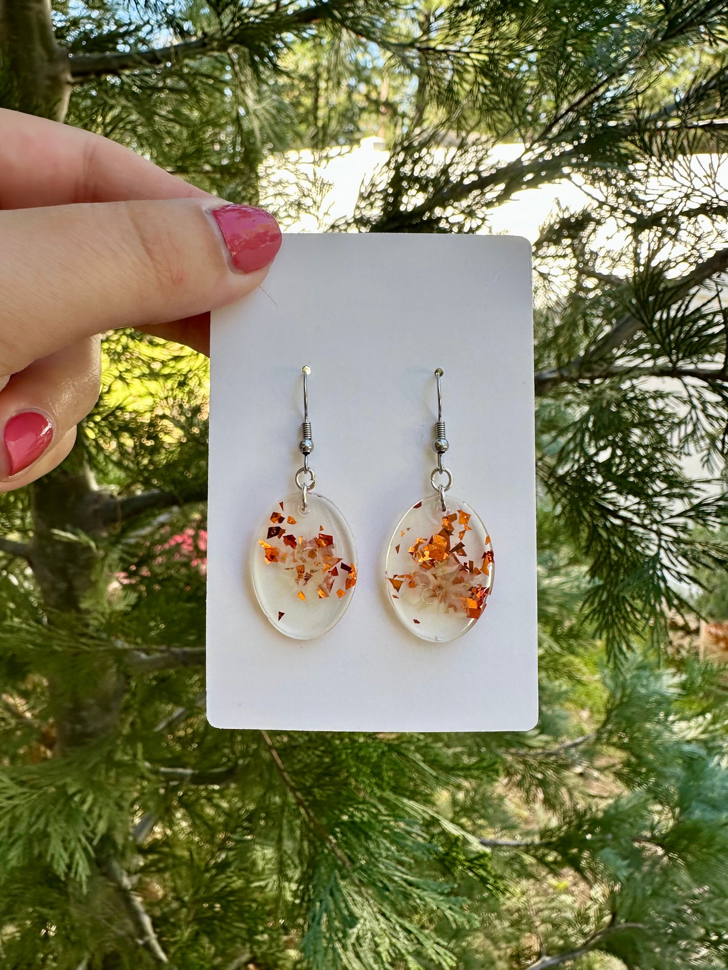 Potato flower, rose gold colored flake, resin earrings