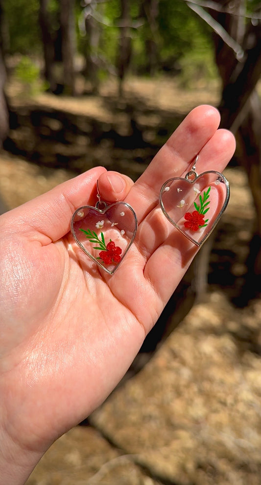 Wildflower Heart Resin Earrings | Pressed Floral Silver Heart Dangles