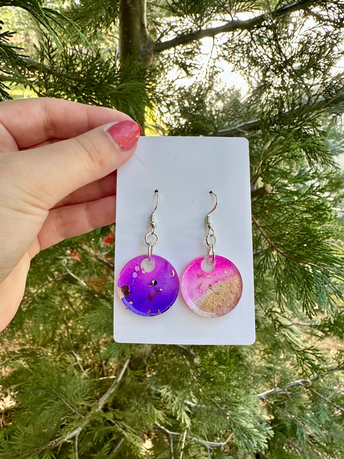 Purple, pink, and gold leaf flake resin earrings