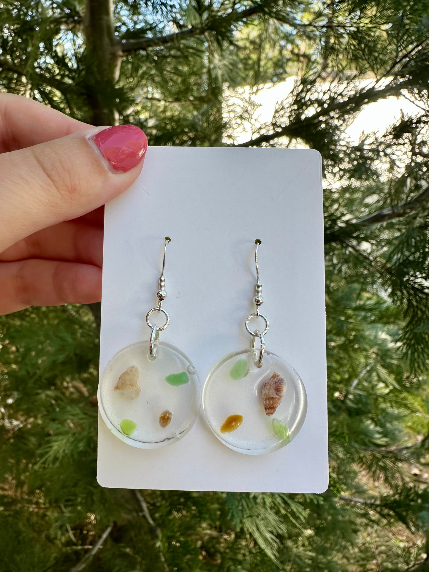 Brown sea snail, green and brown sea glass, round resin earrings