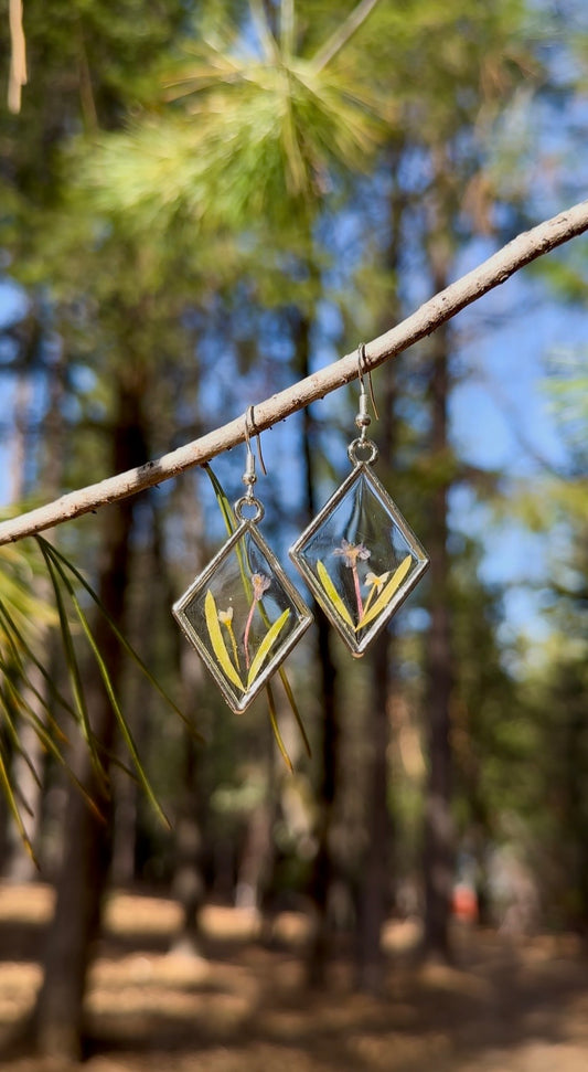 Pressed Flower Resin Earrings, Diamond Frame, Silver Botanical Dangles