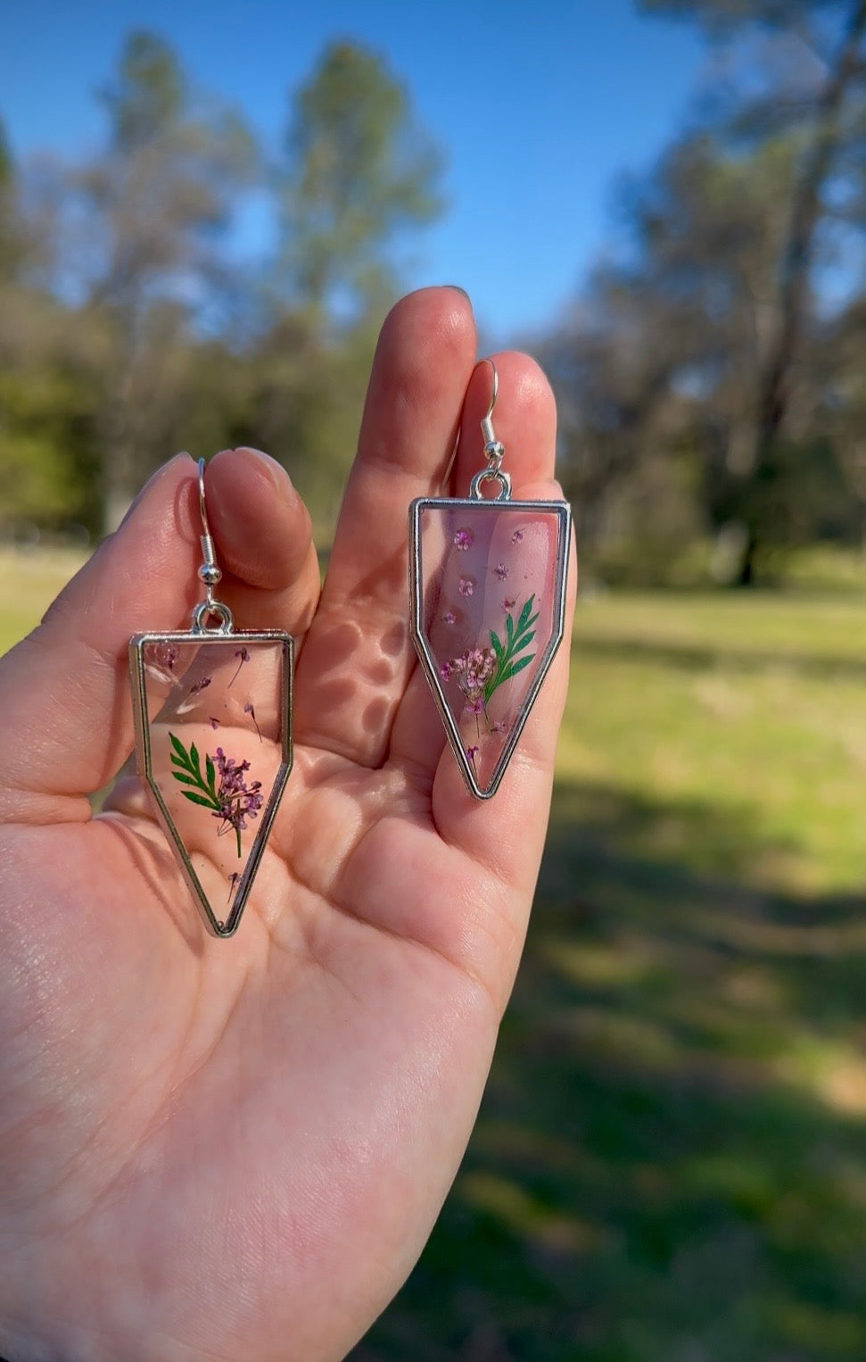 Pressed Purple Flower Resin Earrings in Silver Frame