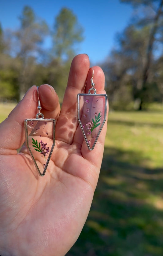 Pressed Purple Flower Resin Earrings in Silver Frame
