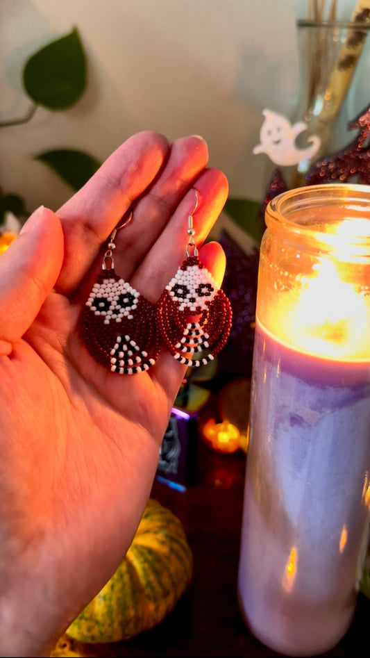 Skeleton Beaded Earrings – Burgundy + Bone Abstract Design, Lightweight Halloween Jewelry