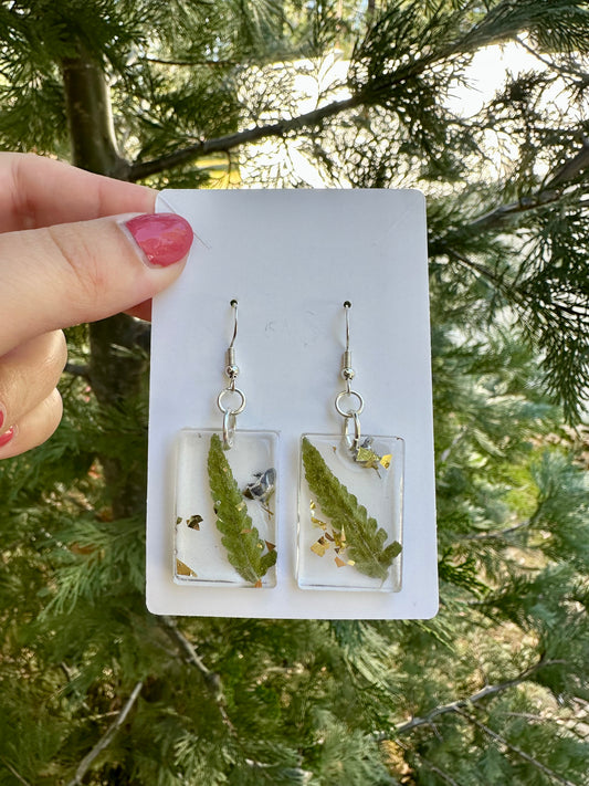 Fern frond, lupine, gold leaf flake, resin earrings