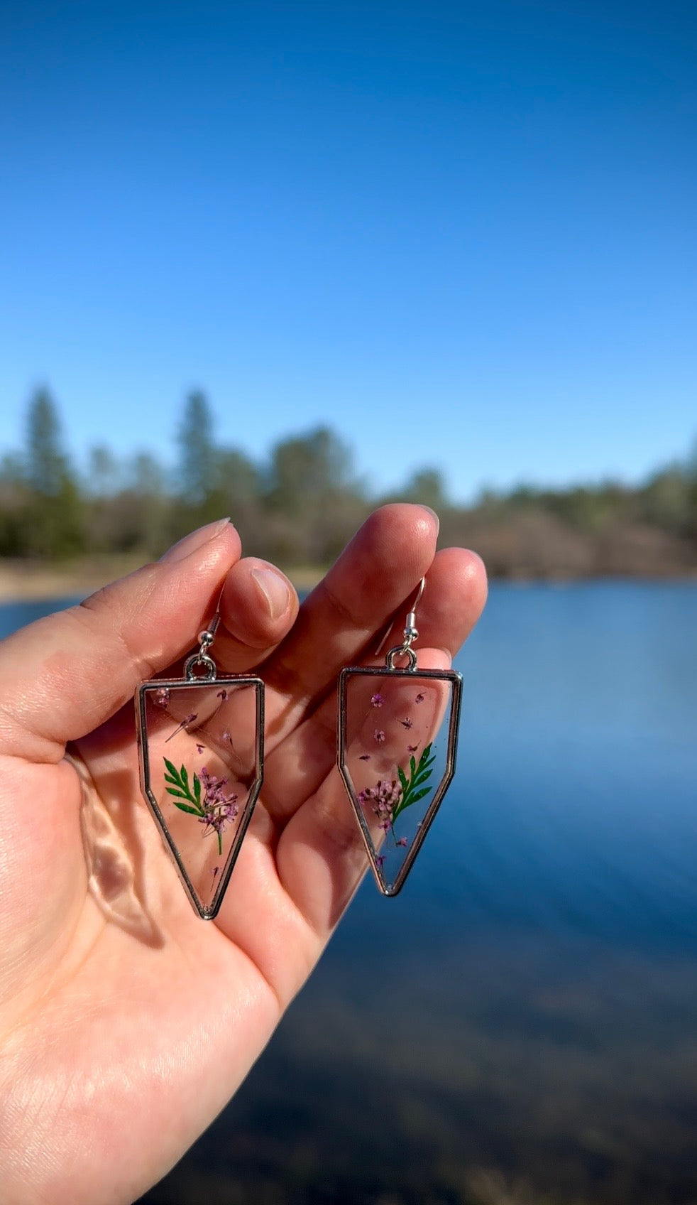 Pressed Purple Flower Resin Earrings in Silver Frame