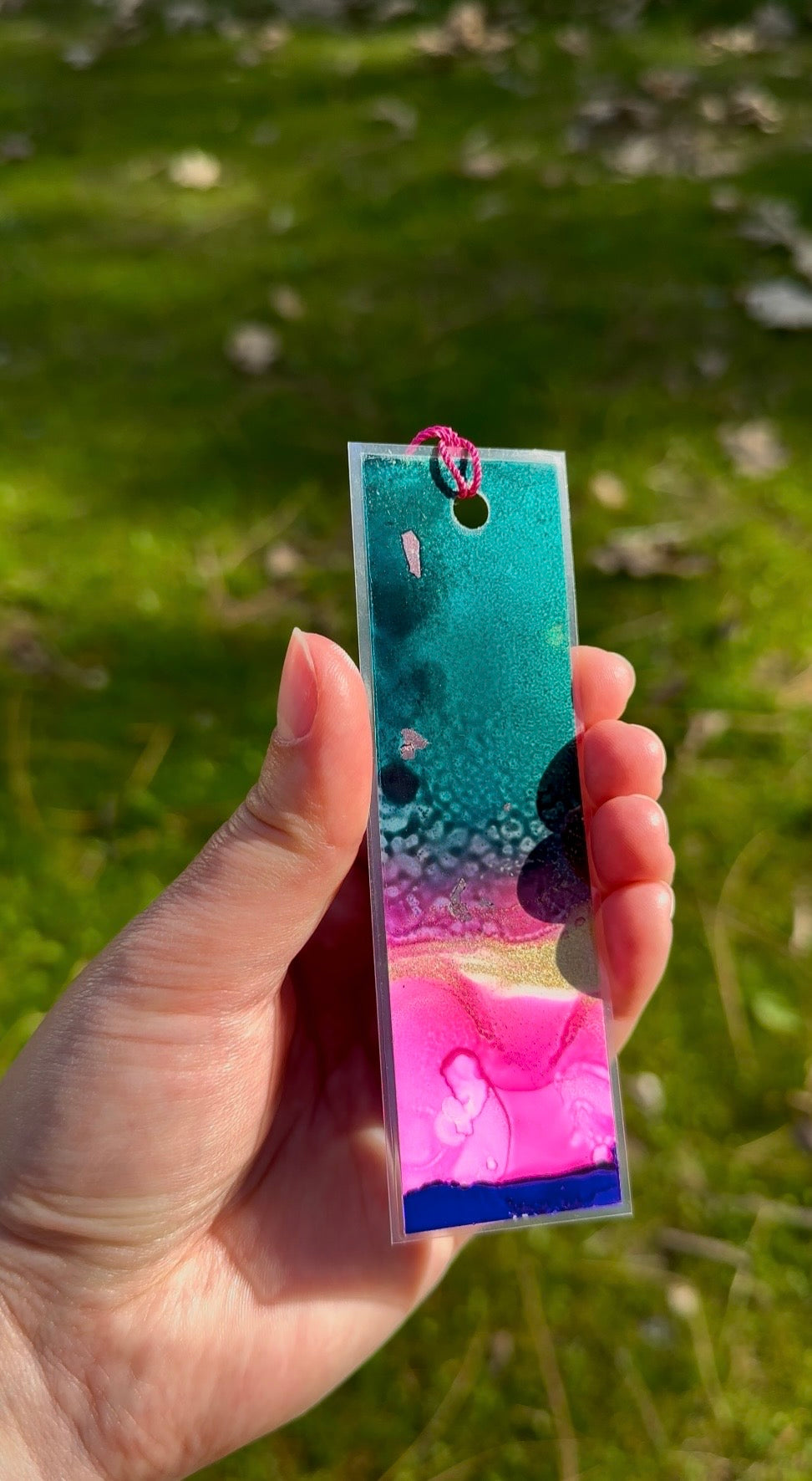 Alcohol Ink Bookmark, Green, Pink, Gold Shimmer, Abstract
