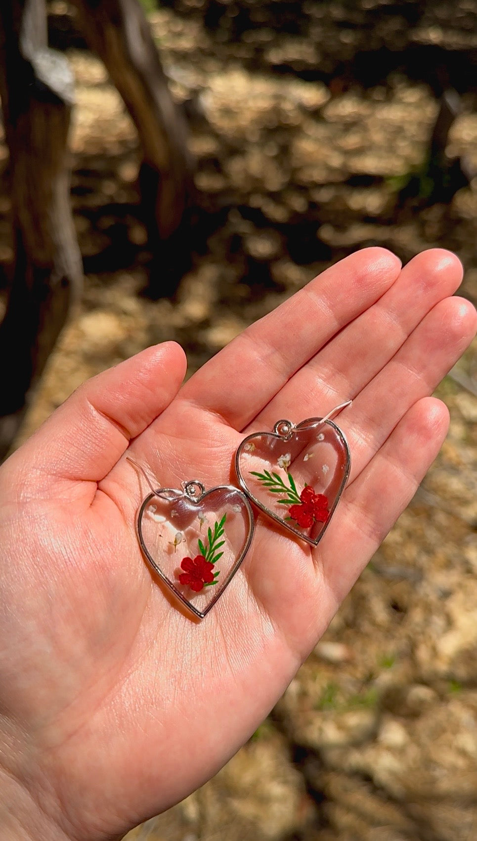 Wildflower Heart Resin Earrings | Pressed Floral Silver Heart Dangles
