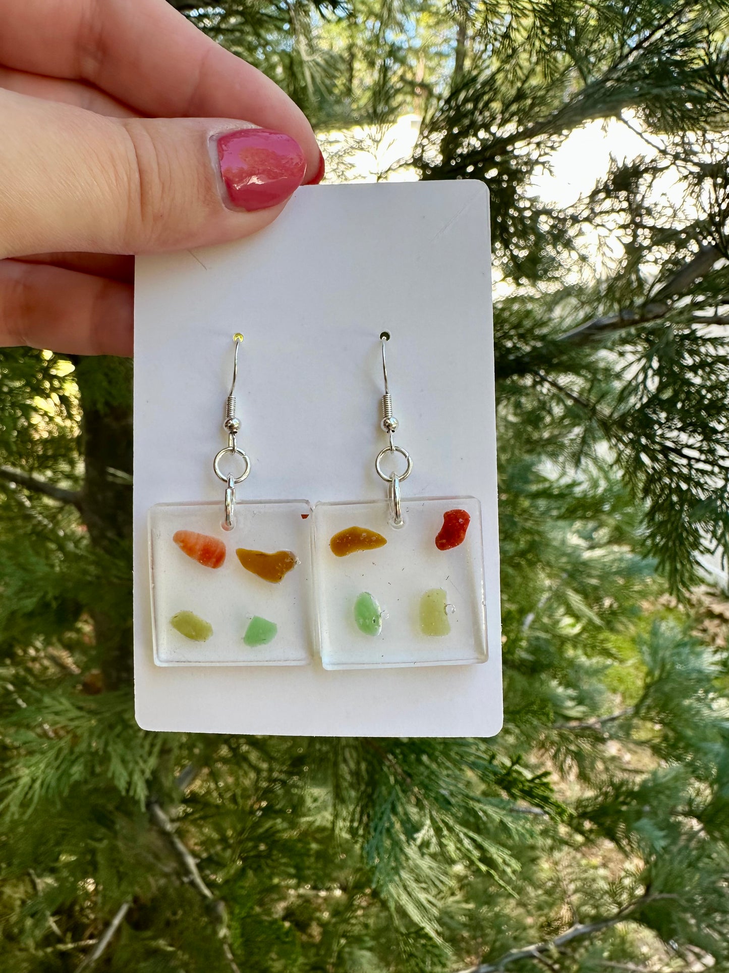 Sea shell, brown and green sea glass, resin earrings