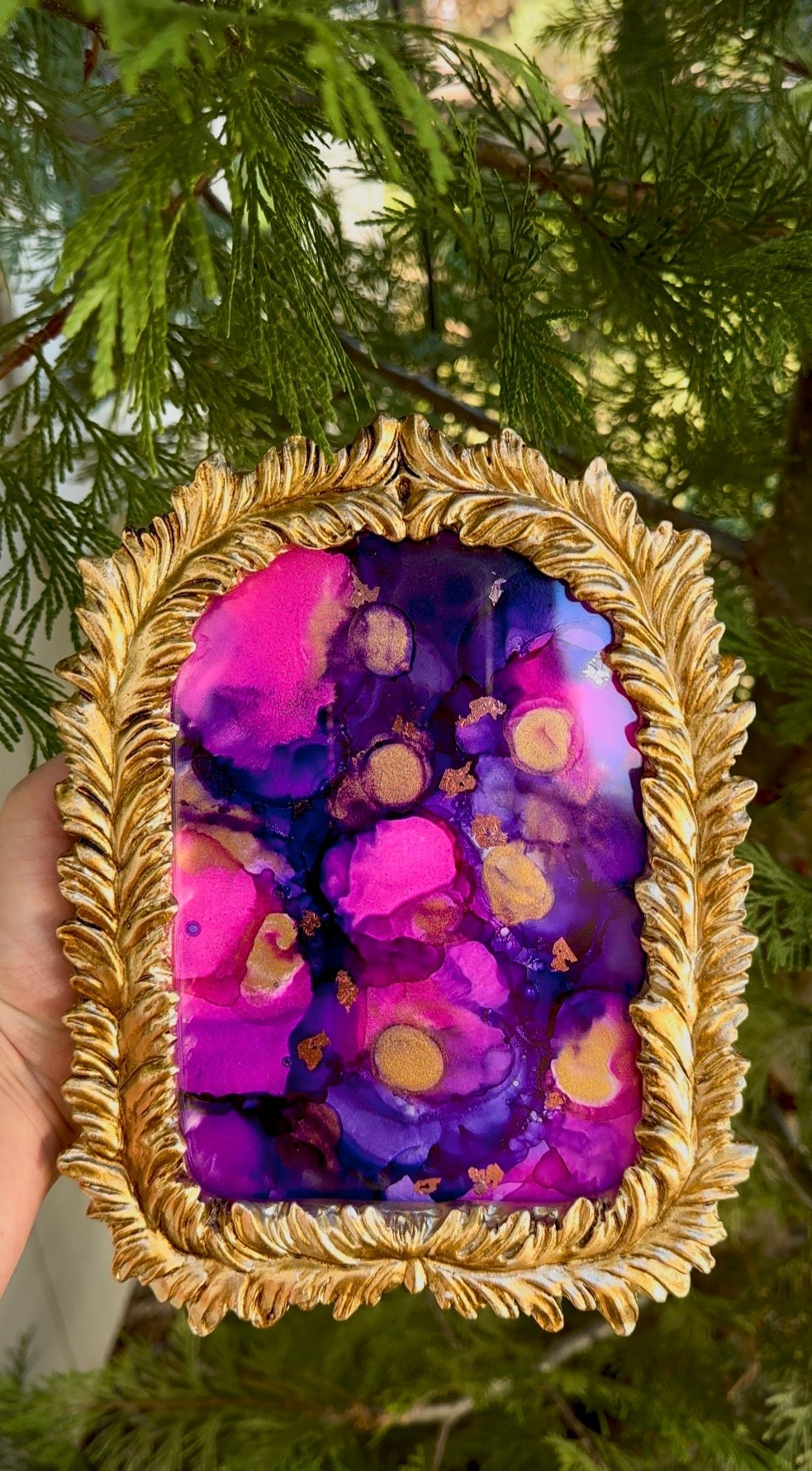Deep Purple & Gold Alcohol Ink Art, 6.5x8.5" Framed Abstract Painting with Gold Leaf