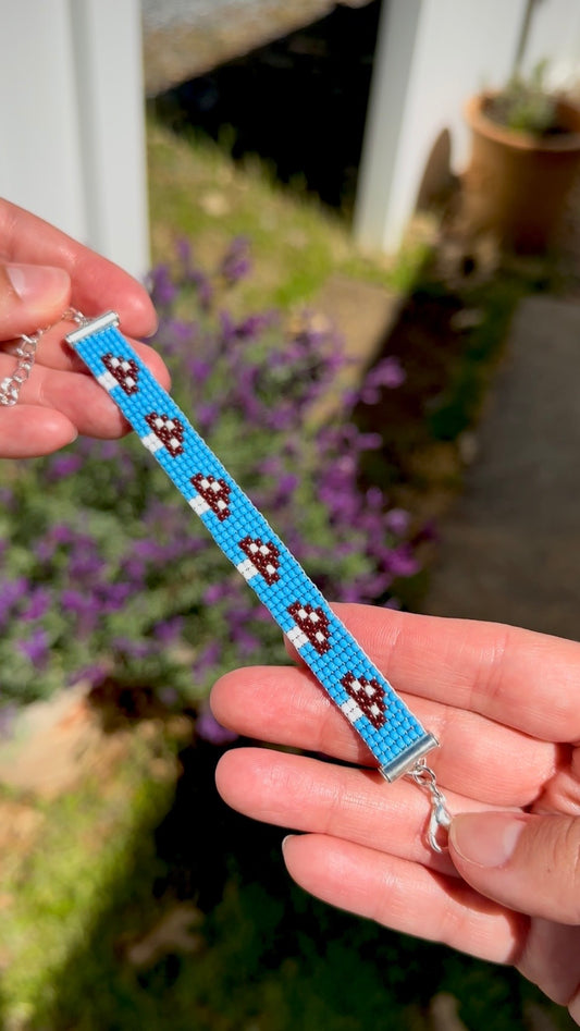 Blue Mushroom Seed Bead Bracelet – Handmade Beaded Bracelet with Adjustable Chain