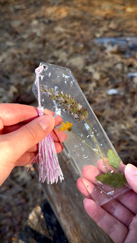 Lavender Resin Bookmark with Yellow Wildflower & Fern, Purple Tassel