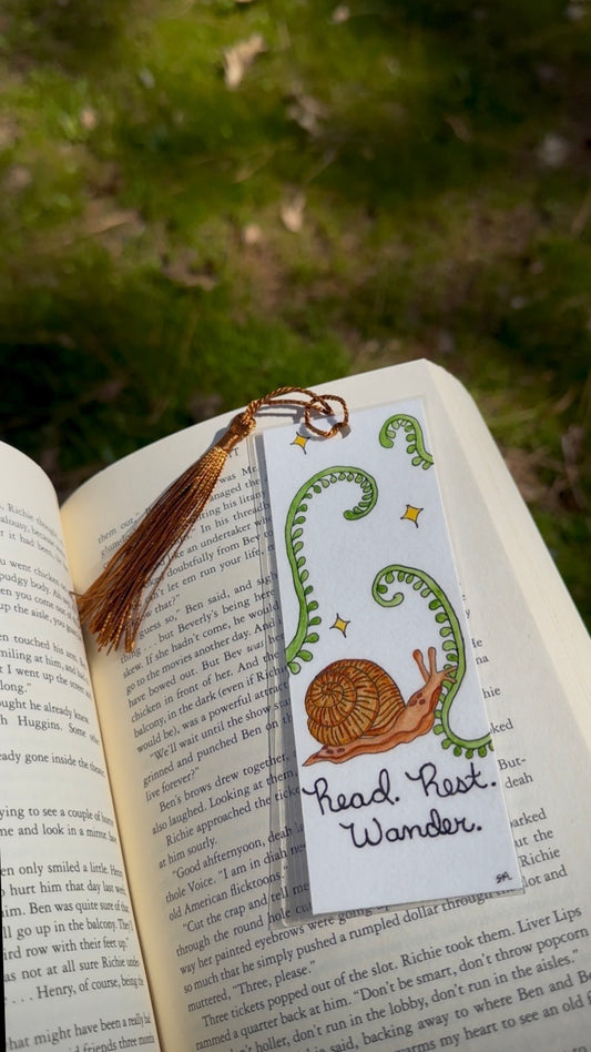 Snail & Fern Watercolor Bookmark – “Read Rest Wander” with Brown Tassel