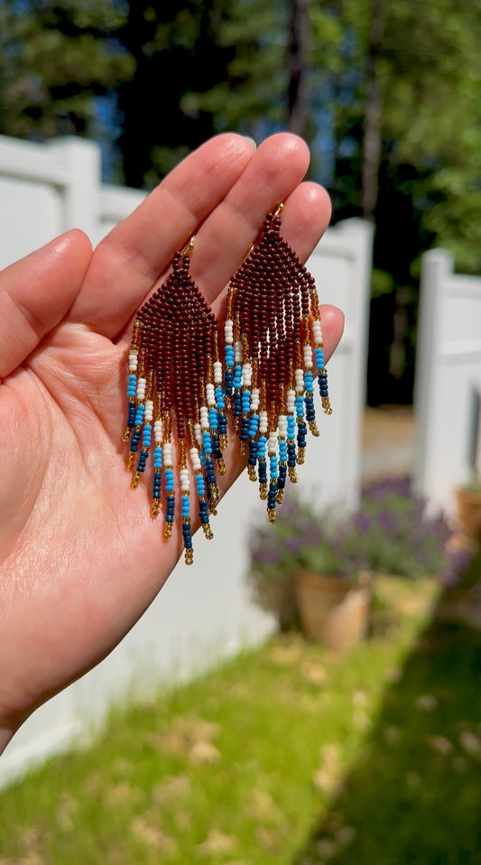 Burgundy Fringe Brick Stitch Earrings – Blue, White & Gold Statement Beaded Earrings