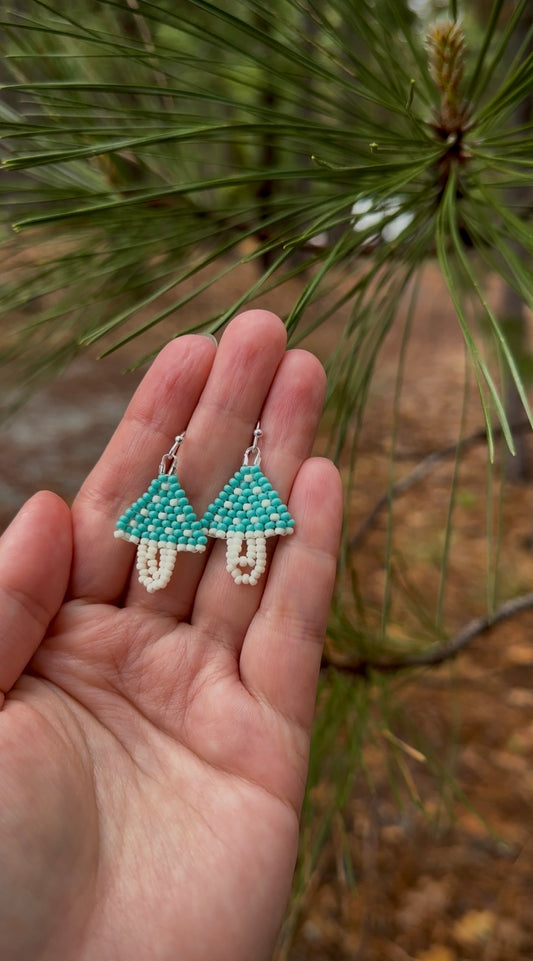 Teal Mushroom Beaded Earrings – Cottagecore Statement Jewelry