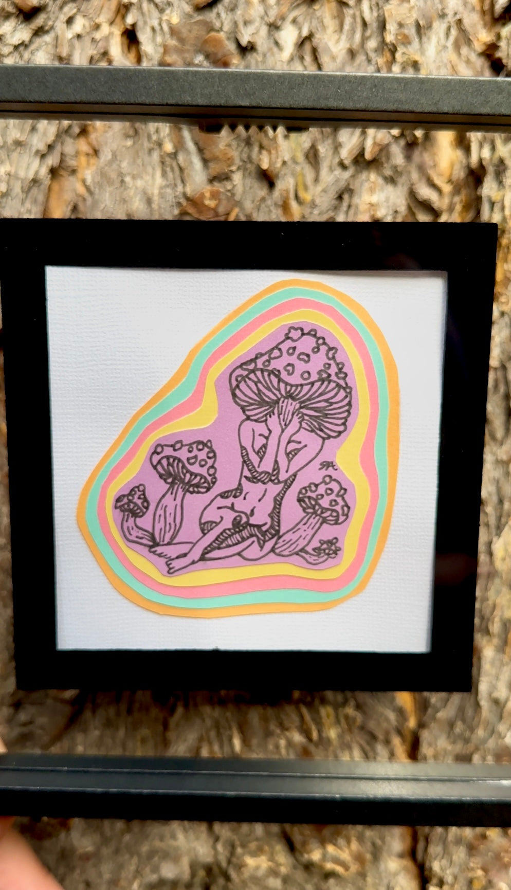 Lady of the Fungi: mushroom woman pen on paper 4x4 original artwork