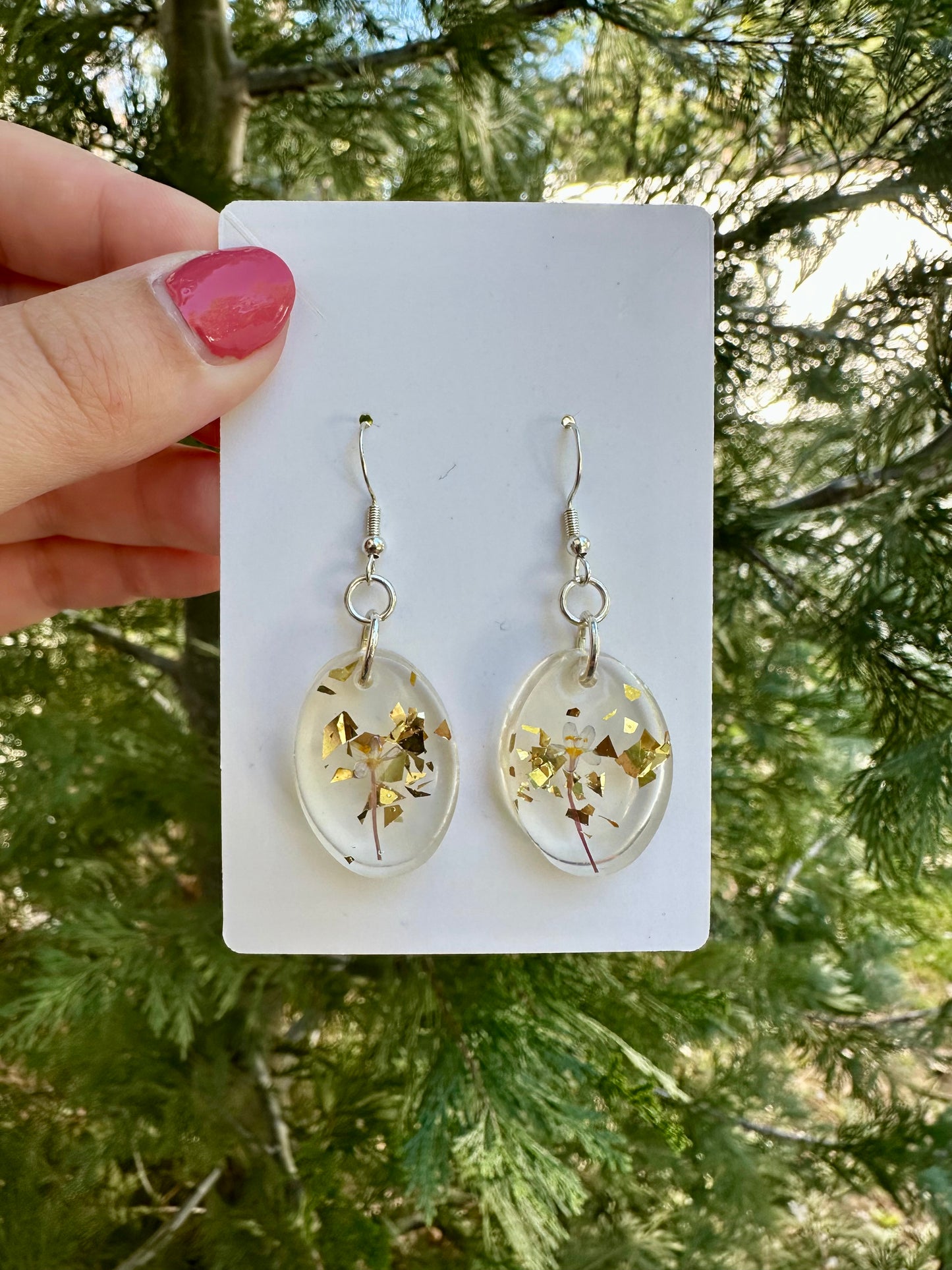 Purple and white flower, gold leaf flake, resin earrings