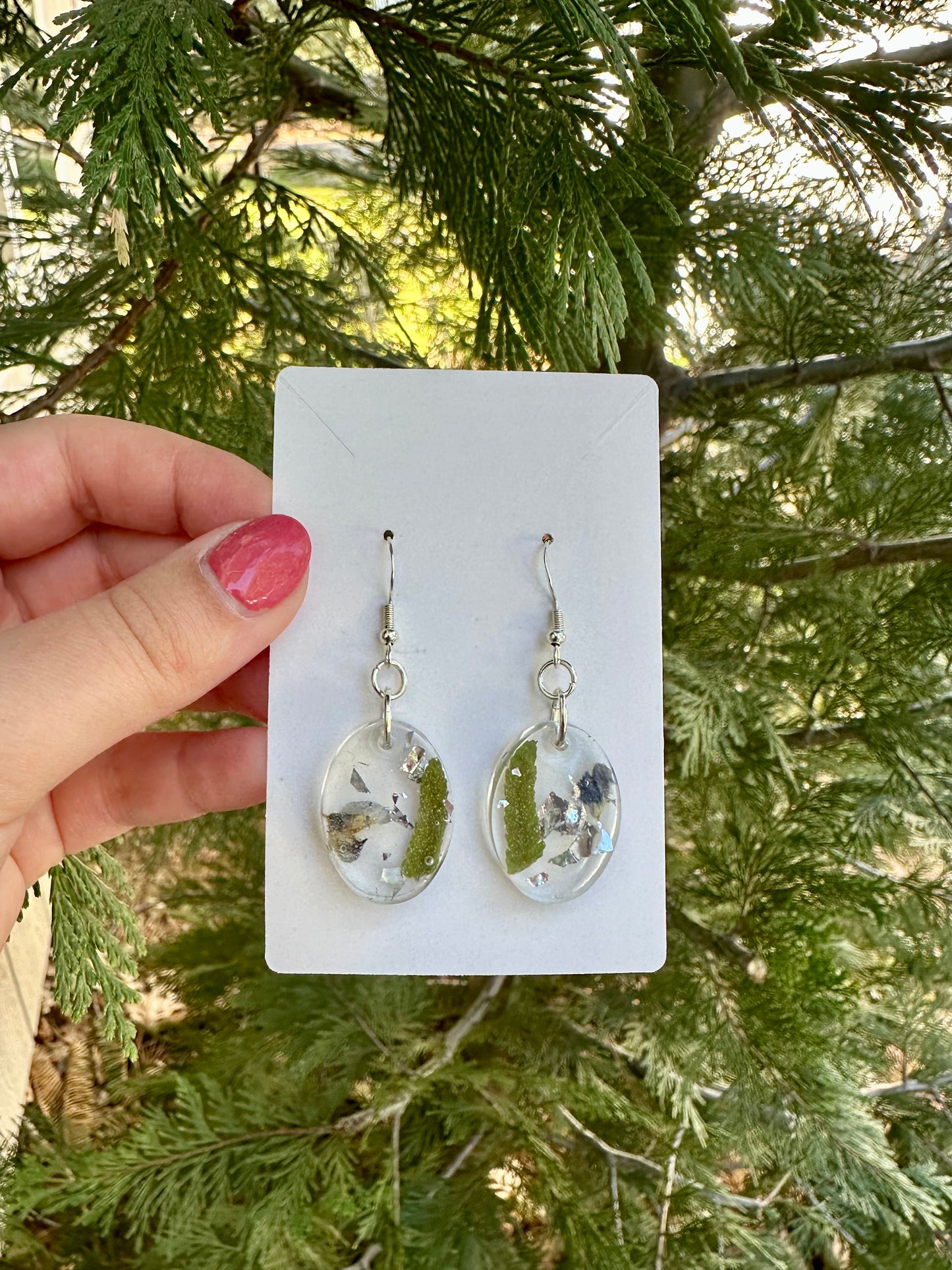 Fern and Lupine resin earrings, real pressed flowers, silver flakes
