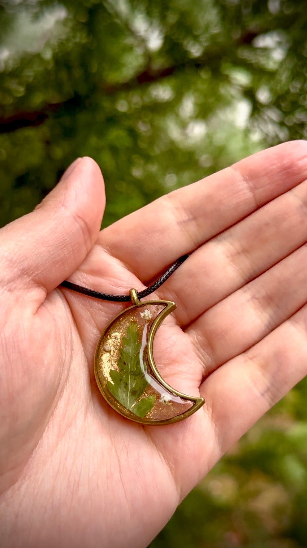 Moon Resin Pendant with Fern & Alyssum Flowers