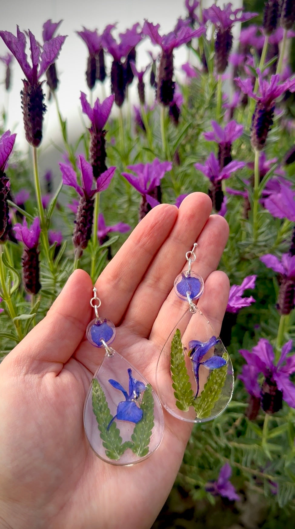 Purple Delphinium & Fern Resin Earrings, Lightweight Botanical Teardrop Dangles
