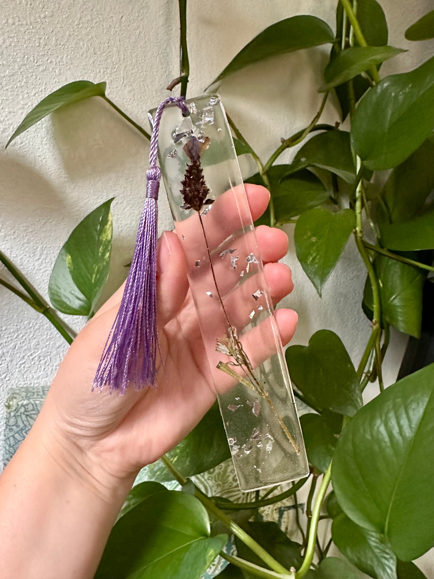 Lavender Bloom with Silver Leaf Flake Pressed Flower Bookmark