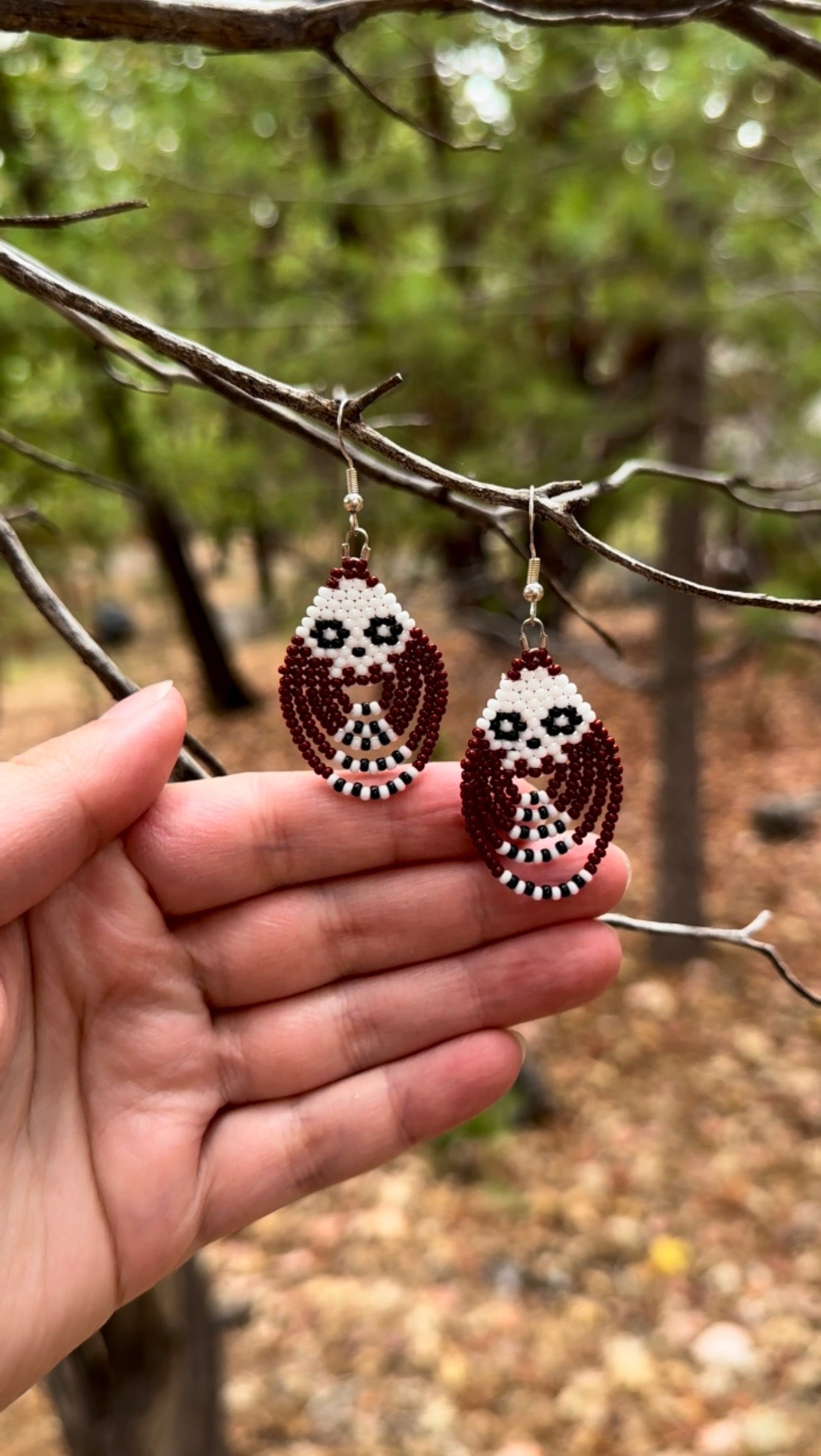 Skeleton Beaded Earrings – Burgundy + Bone Abstract Design, Lightweight Halloween Jewelry