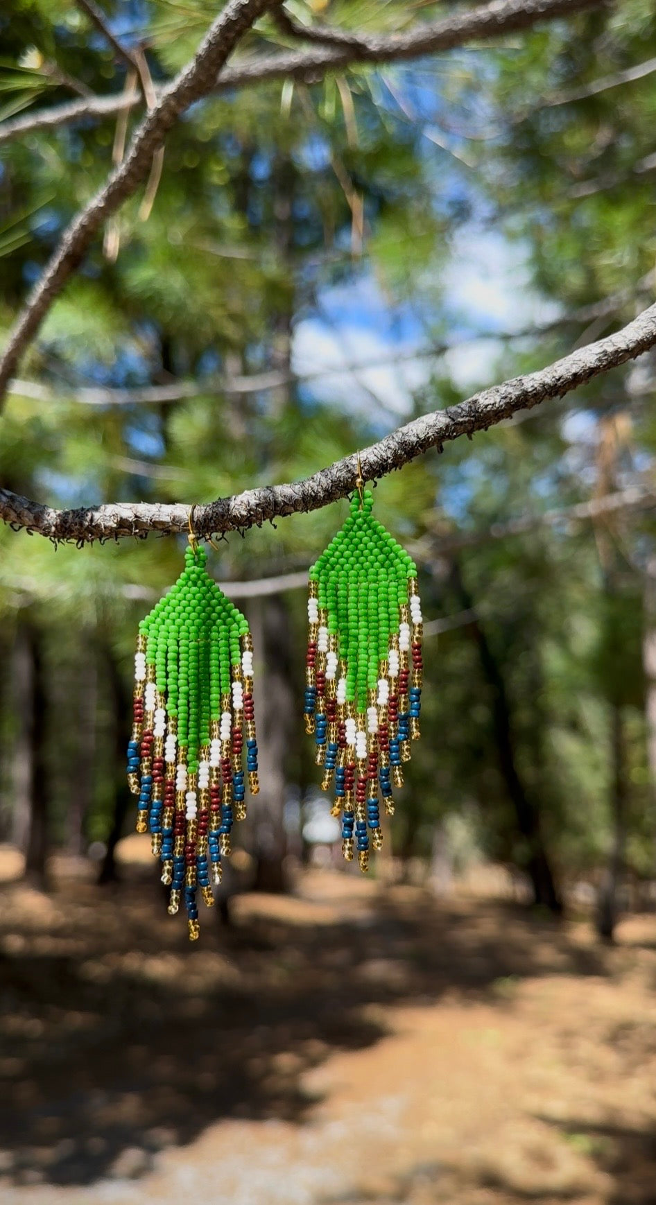 Earthy Green Fringe Beaded Earrings – Handmade Statement Earrings (3.5”)