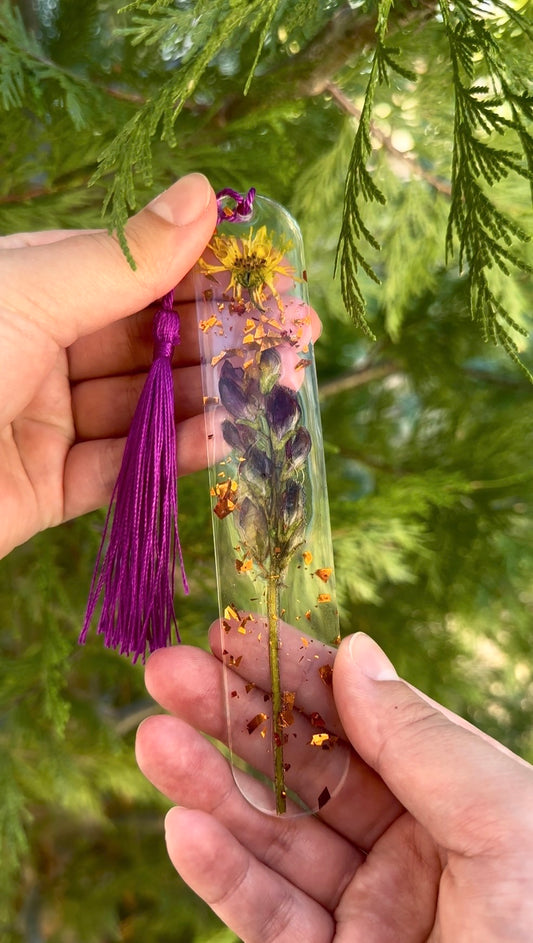Harlequin Lupine Resin Bookmark with Burnt Orange Flakes & Purple Tassel