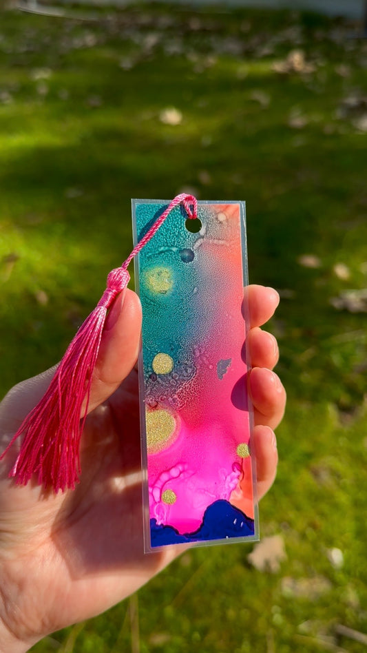 Alcohol Ink Bookmark, Hand-painted, Green, Pink, Purple, Gold