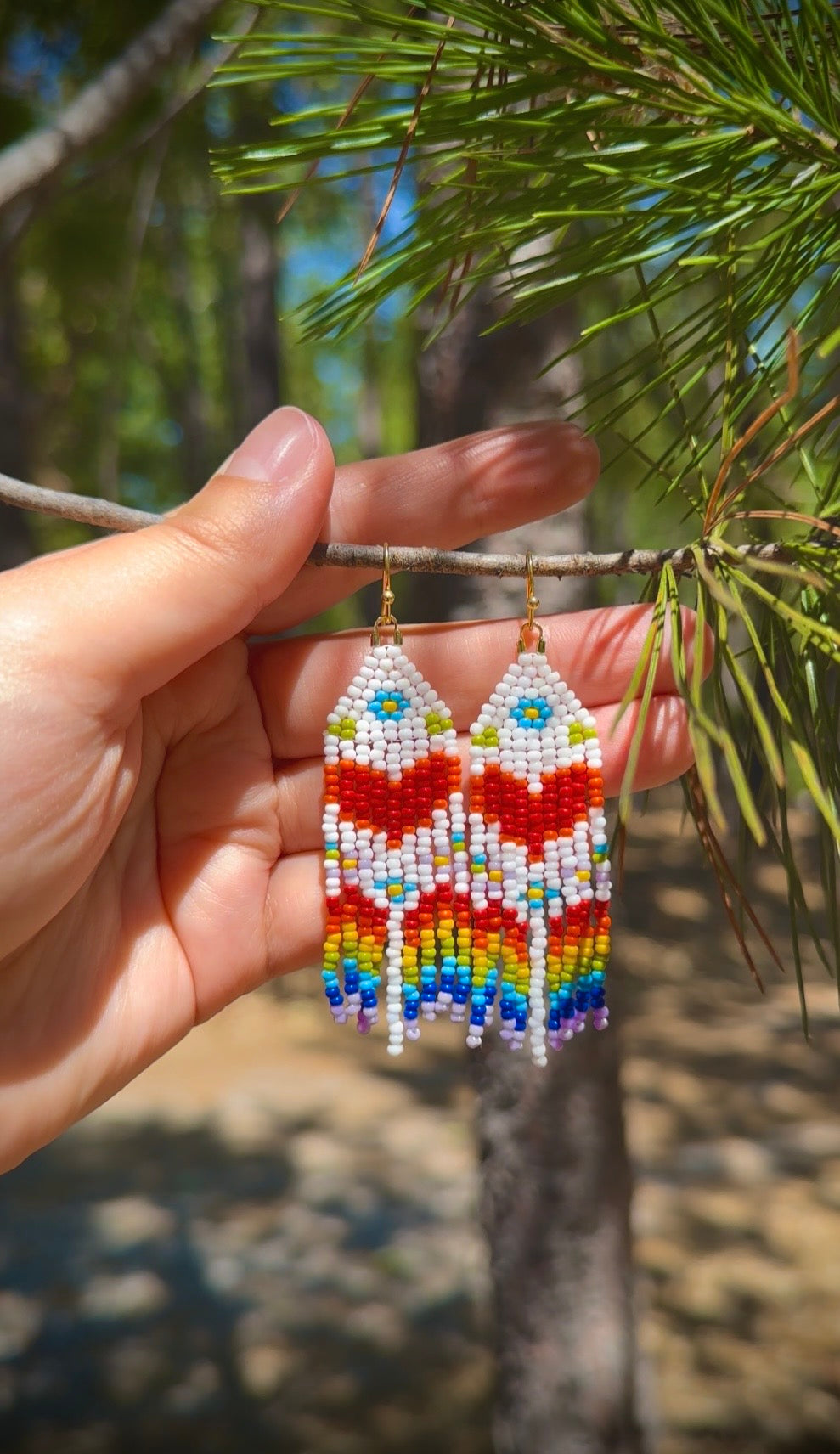Rainbow Heart Folk Art Beaded Earrings