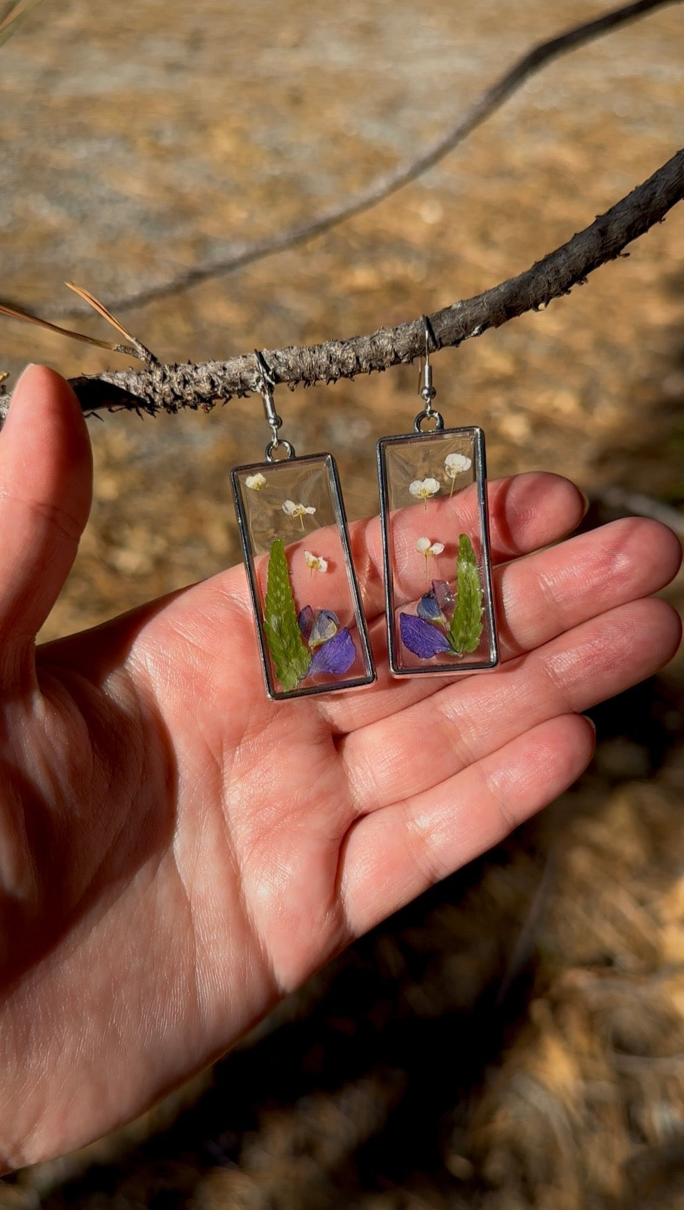 Pressed Wildflower Resin Earrings in Silver Rectangle Frame