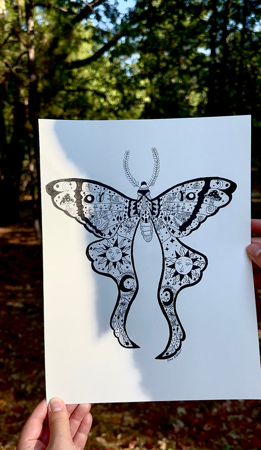 Whimsical Lunar Moth Drawing – Original Pen Artwork on Mixed Media Paper, 9x12