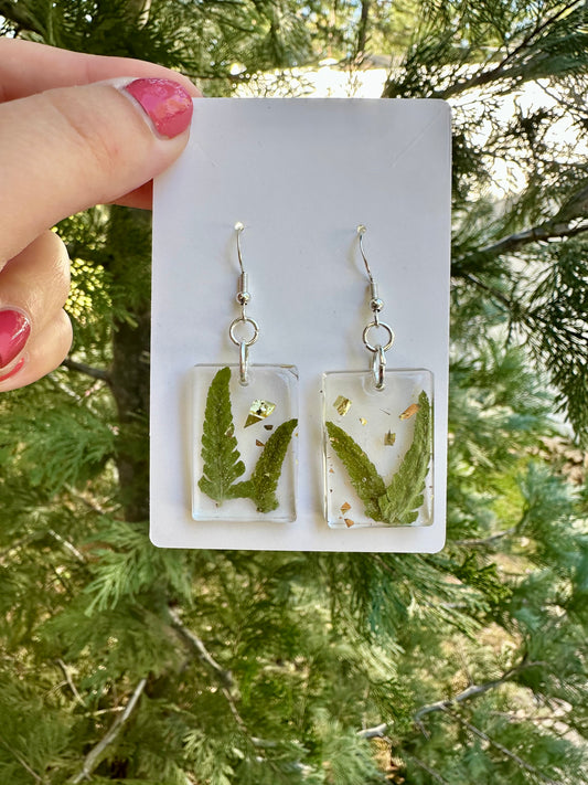 Fern frond, gold leaf flake, resin earrings