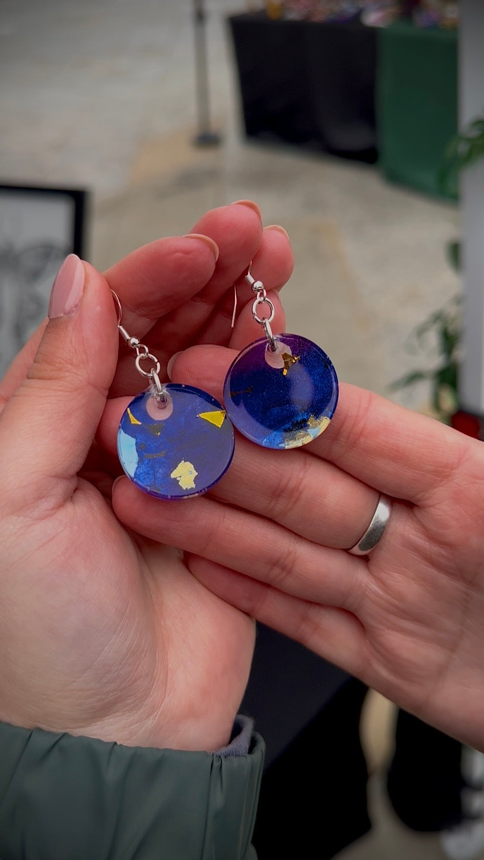 Iridescent Blue Resin Earrings with Alcohol Ink & Gold Leaf
