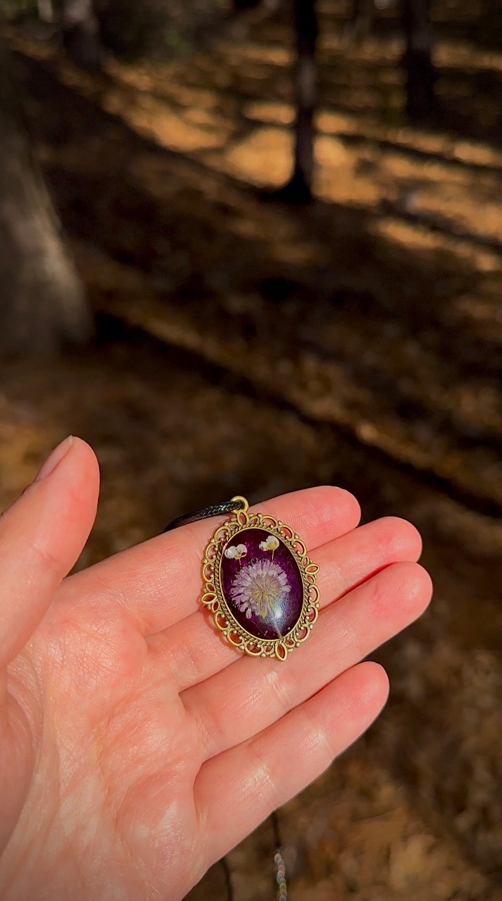 Whimsical Purple Resin Pendant Necklace, Vintage-Inspired Pressed Flower Jewelry, Puff Blossom & Alyssum Botanical Necklace