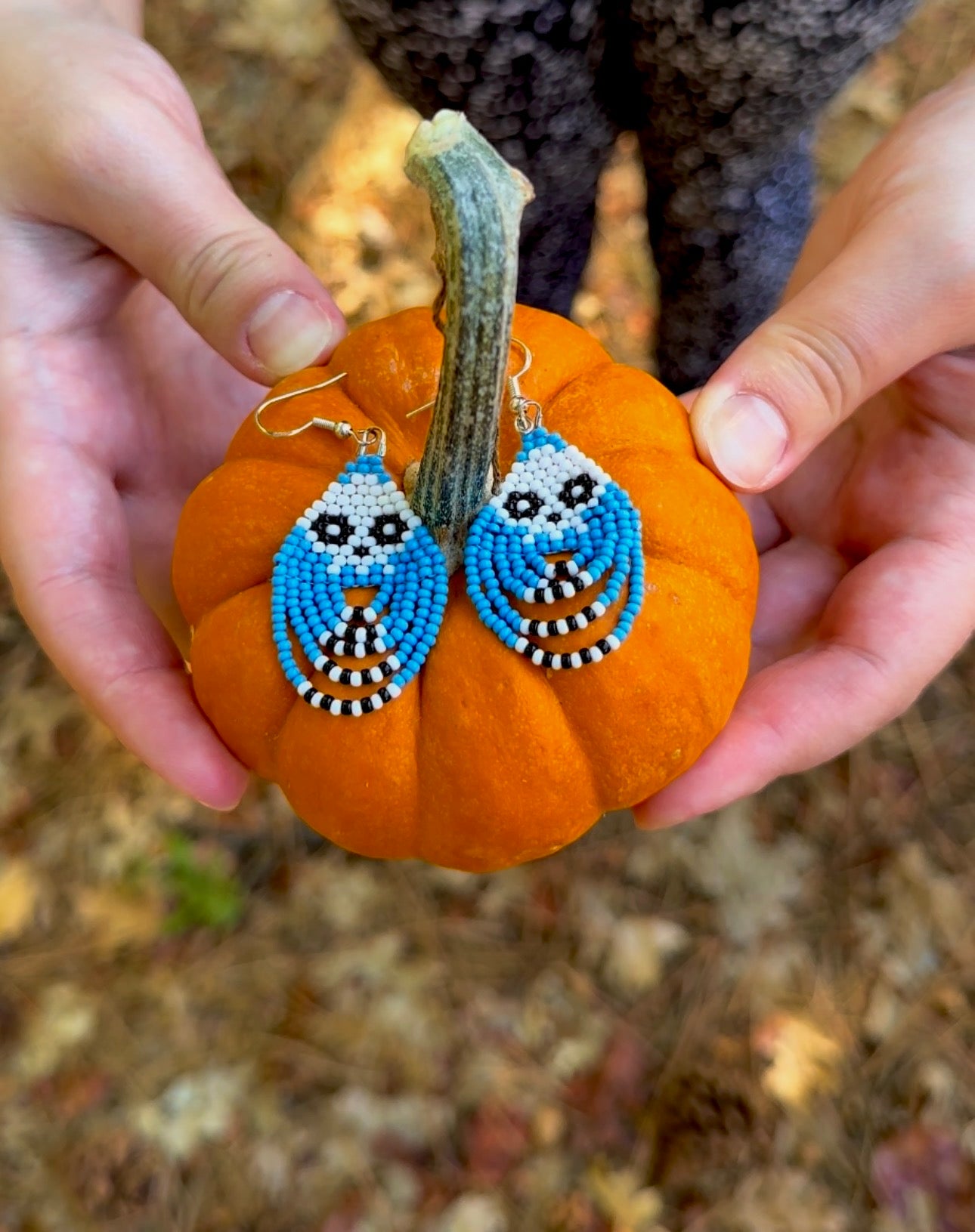 Blue Skeleton Beaded Earrings – Handmade Fringe Dangles with Swoop Design