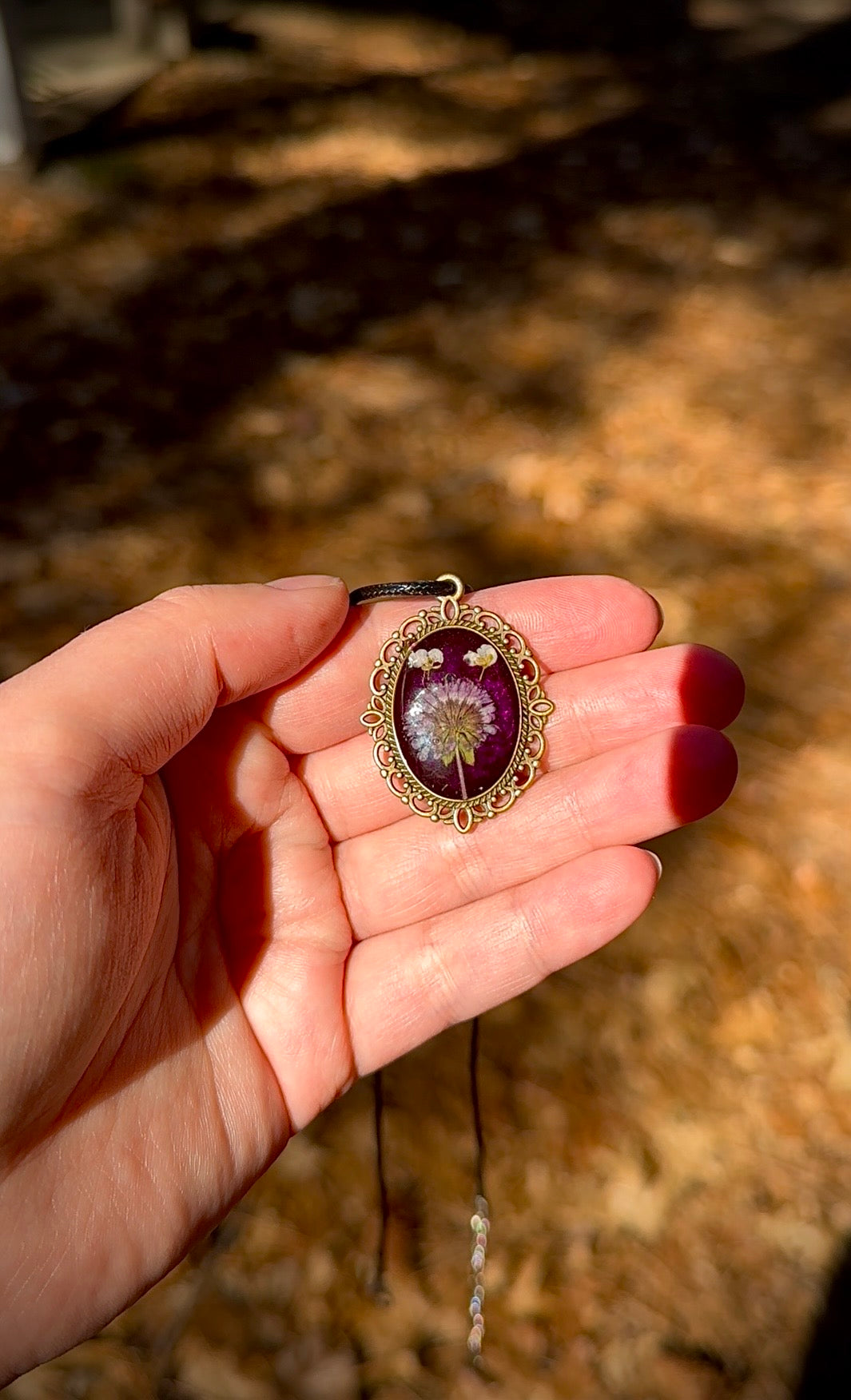 Whimsical Purple Resin Pendant Necklace, Vintage-Inspired Pressed Flower Jewelry, Puff Blossom & Alyssum Botanical Necklace