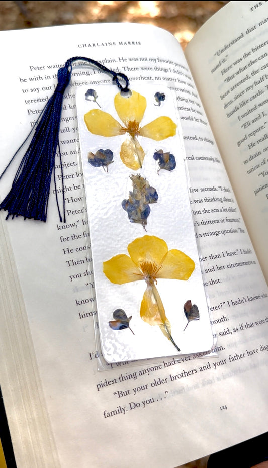 Pressed Flower Bookmark – California Poppy & Lupine, Dark Blue Tassel