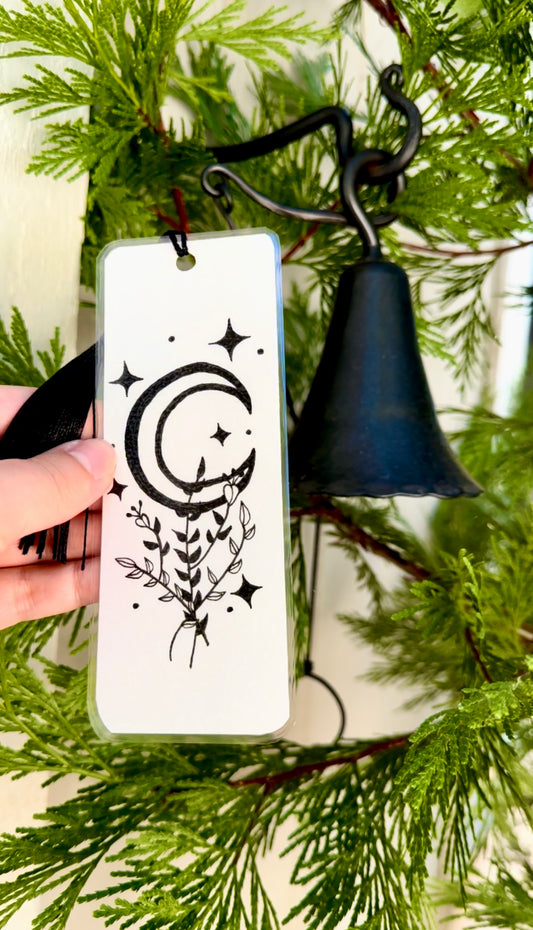 Moonlit Whispers Bookmark – Hand-Drawn Pen & Ink with Crescent Moon