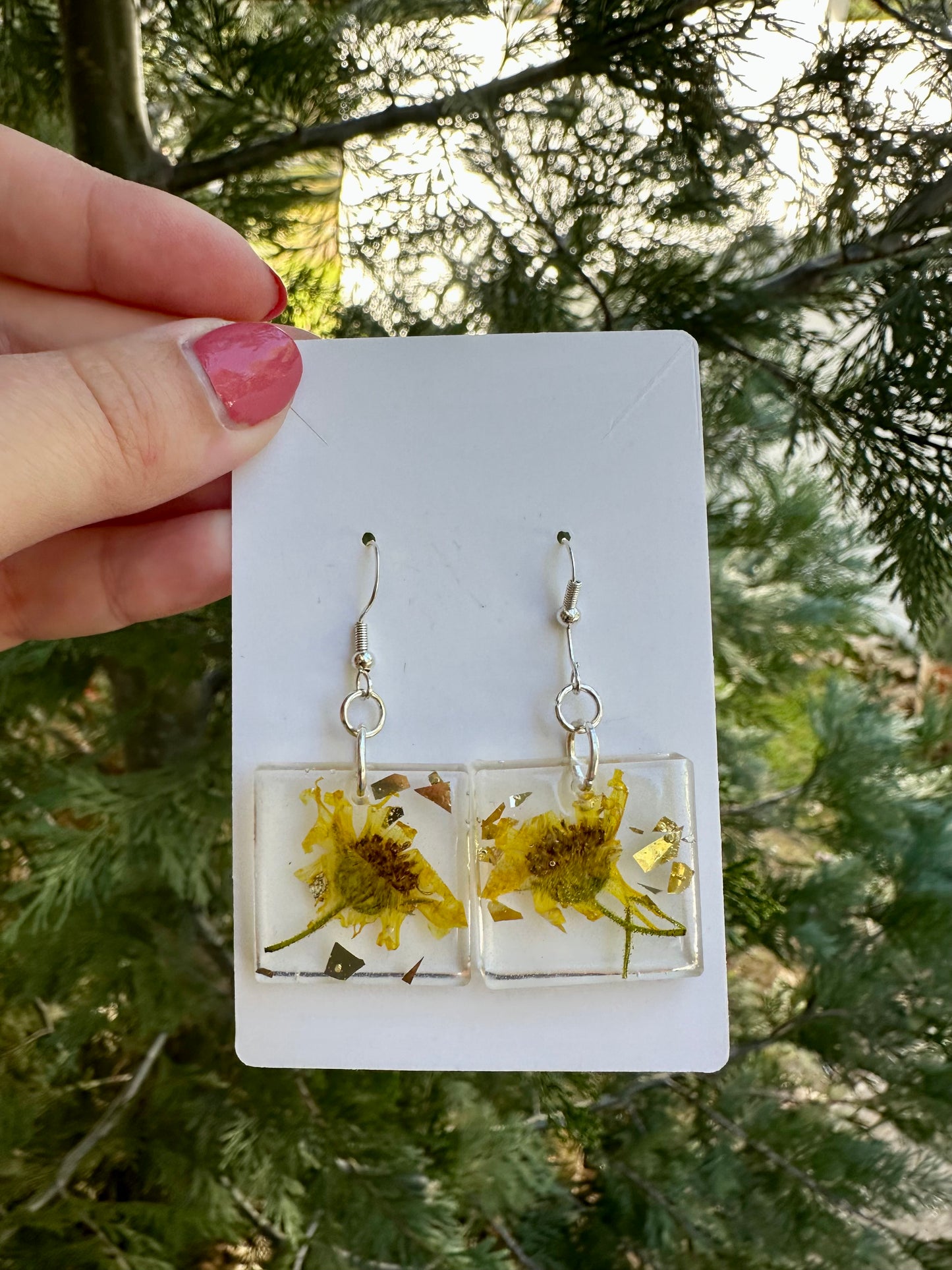 Yellow flower, gold leaf flake, resin earrings