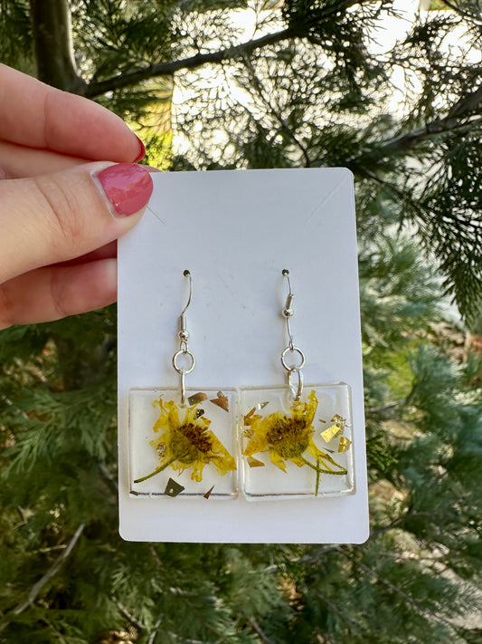 Yellow flower, gold leaf flake, resin earrings